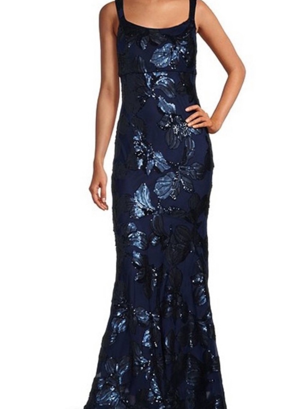 R&M Richards Navy Floral Sequin Sweetheart Neck Gown